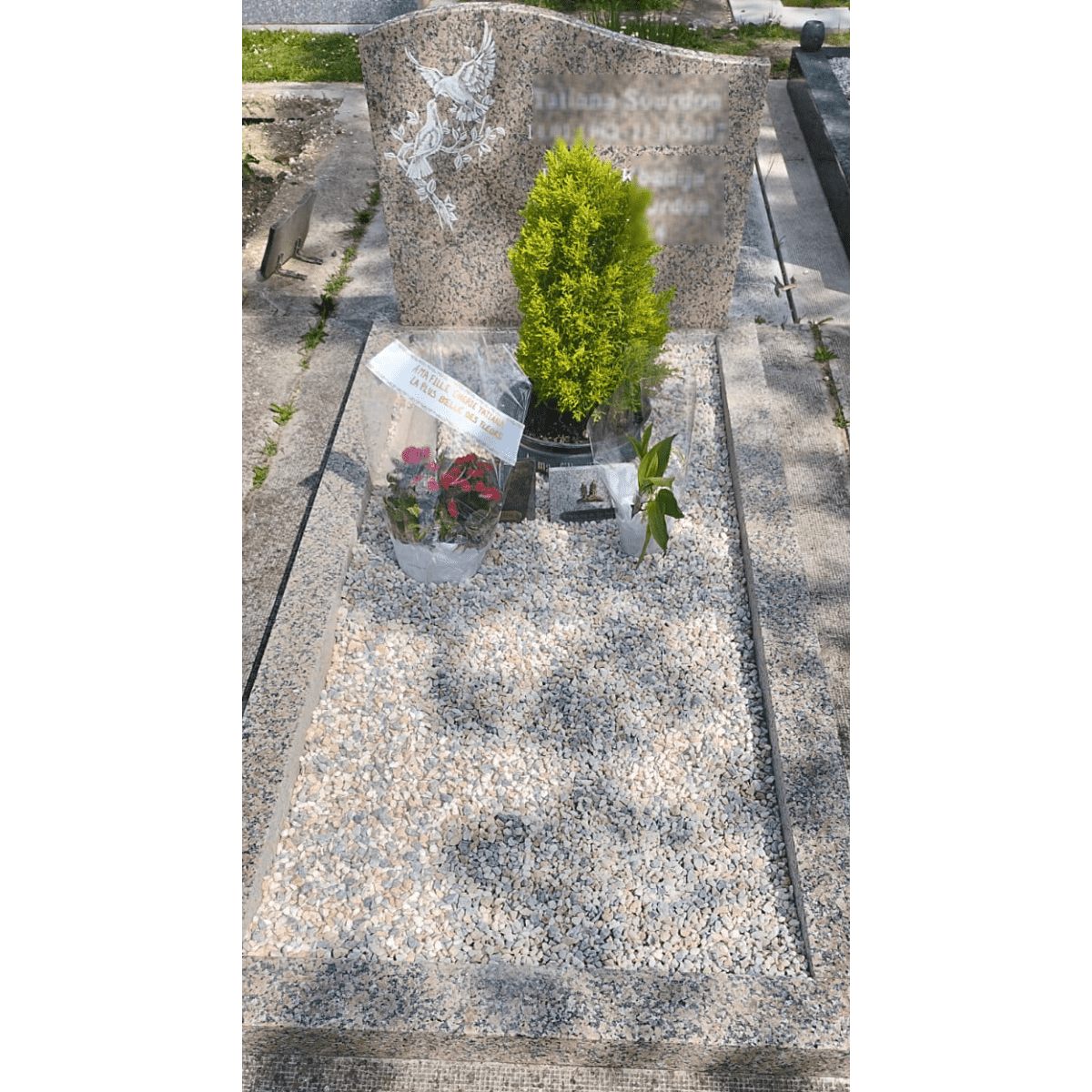 Monument Mesino avec stèle en rose porino, cimetière dans les Hauts de Seine (92)